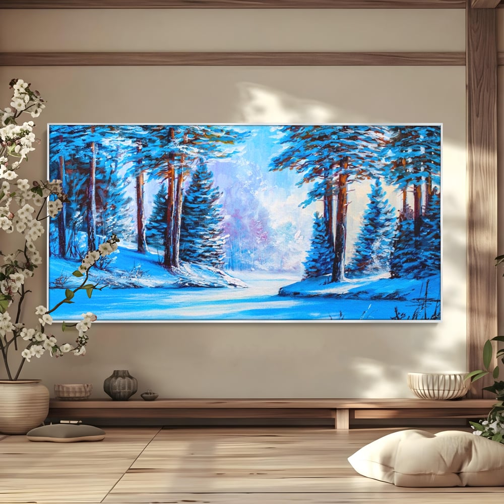 Tablou canvas cu pictura peisaj de iarna cu padure si zapada, in rama de aluminiu argintiu